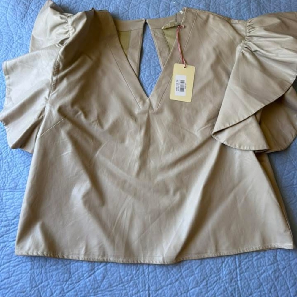 V-Neck Ruffle Sleeve Blouse in Beige